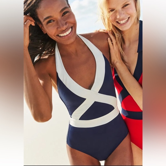 Boden Kefalonia Halterneck Swimsuit Dark Navy White NWOT Size 6 - Picture 1 of 11